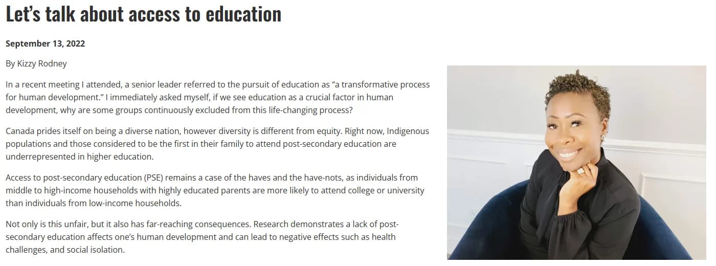 George Brown College article “Let’s talk about access to education” by Kizzy Rodney, September 13, 2022, with her photo.