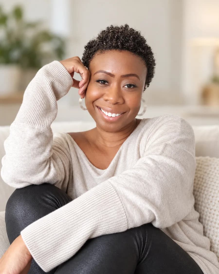 Kizzy Rodney, founder of Latent ID, smiling, seated on a sofa in a beige sweater.